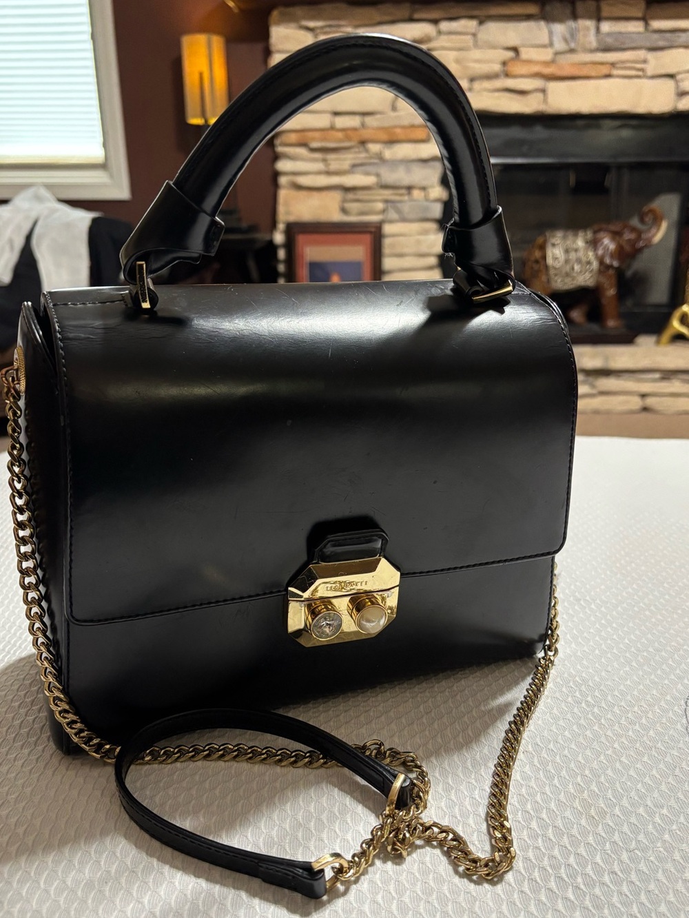 Ted Baker Black Leather Top-Handle Satchel with Gold Hardware